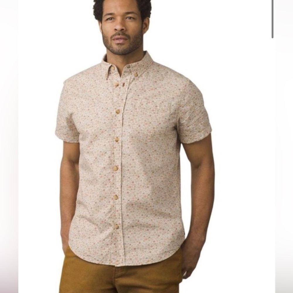 PRANA L Broderick Slim Men organic cotton retro career Short Sleeve casual Shirt